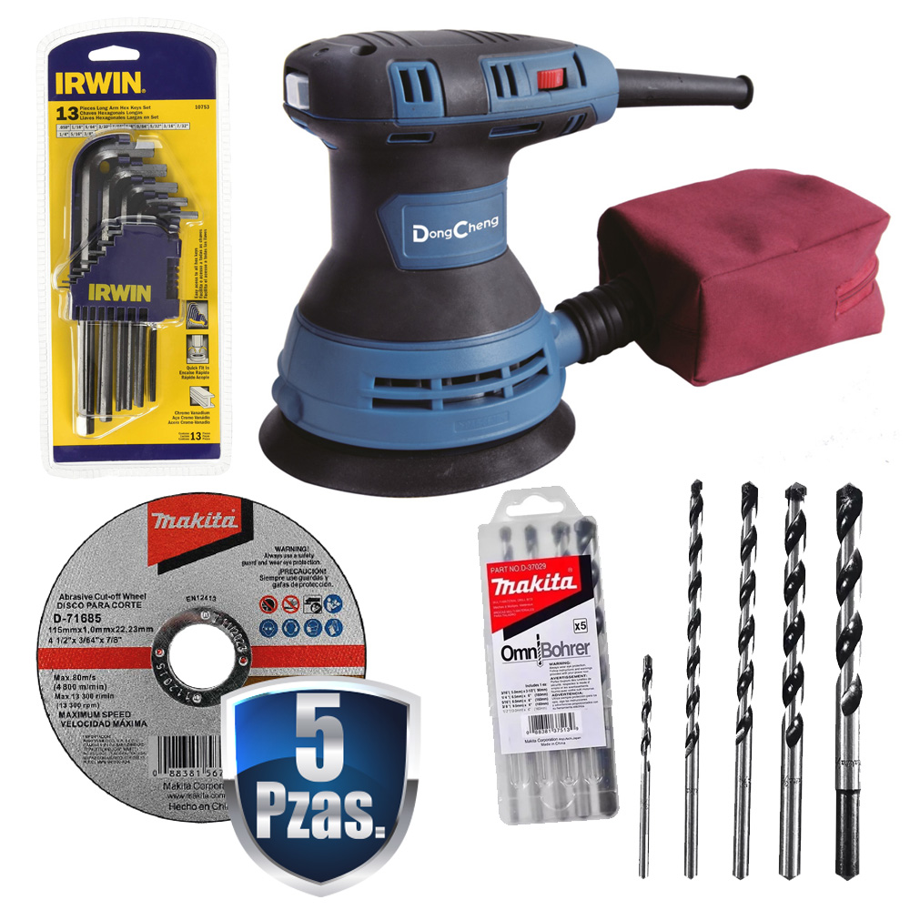 [DCH-DSA125+C02] COMBO LIJADORA ROTO-ORBITAL 5" 300 WATTS V.V. 4000-12000 RPM+JGO DE LLAVES ALLEN+JGO 5 BROCAS+5 DISCOS MAKITA