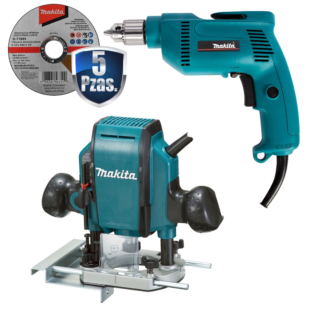 [MAK-RP0900+C01] COMBO ROUTER C/ZANCO DE 1/4 Y 3/8 DE 1 1/4 HP 900 WATTS+TALADRO 3/8 530 WATTS+5 DISCOS MAKITA D-71685