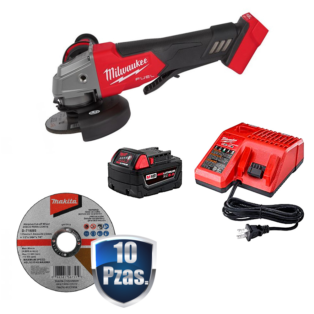 [MIL-2880-20+C01] COMBO MINIESMERILADORA C/FRENO M18 FUEL C/1 BATERIA 5 AMPS+CARGADOR+10 DISCOS DE CORTE 4 1/2 MAKITA D-71685