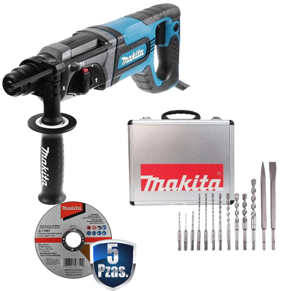 [MAK-HR2475+C04] ROTOMARTILLO SDS PLUS 15/16 DE 7AMP C/MANGO D Y MALETIN+KIT BROCAS/CINCELES D31734 C/ESTUCHE ALUM+5 DISCOS
