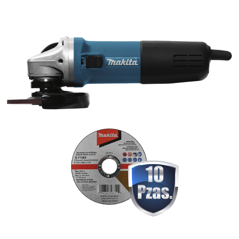 COMBO MINIESMERILADORA 4 1/2 840 WATTS 11,000 RPM + 10 DISCOS DE CORTE DE 4 1/2 MAKITA D-71685