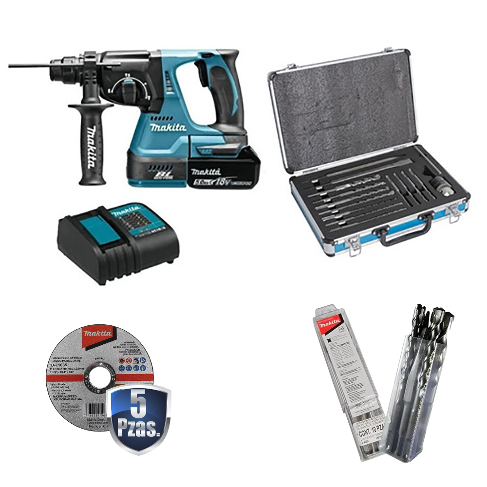 [MAK-DHR242STX2+C01] COMBO ROTOMARTILLO INAL SDS PLUS 15/16 S/CARB C/1 BAT 5 AMP+KIT 14 BROCAS Y CINC. D45820+5 DISCOS D71685