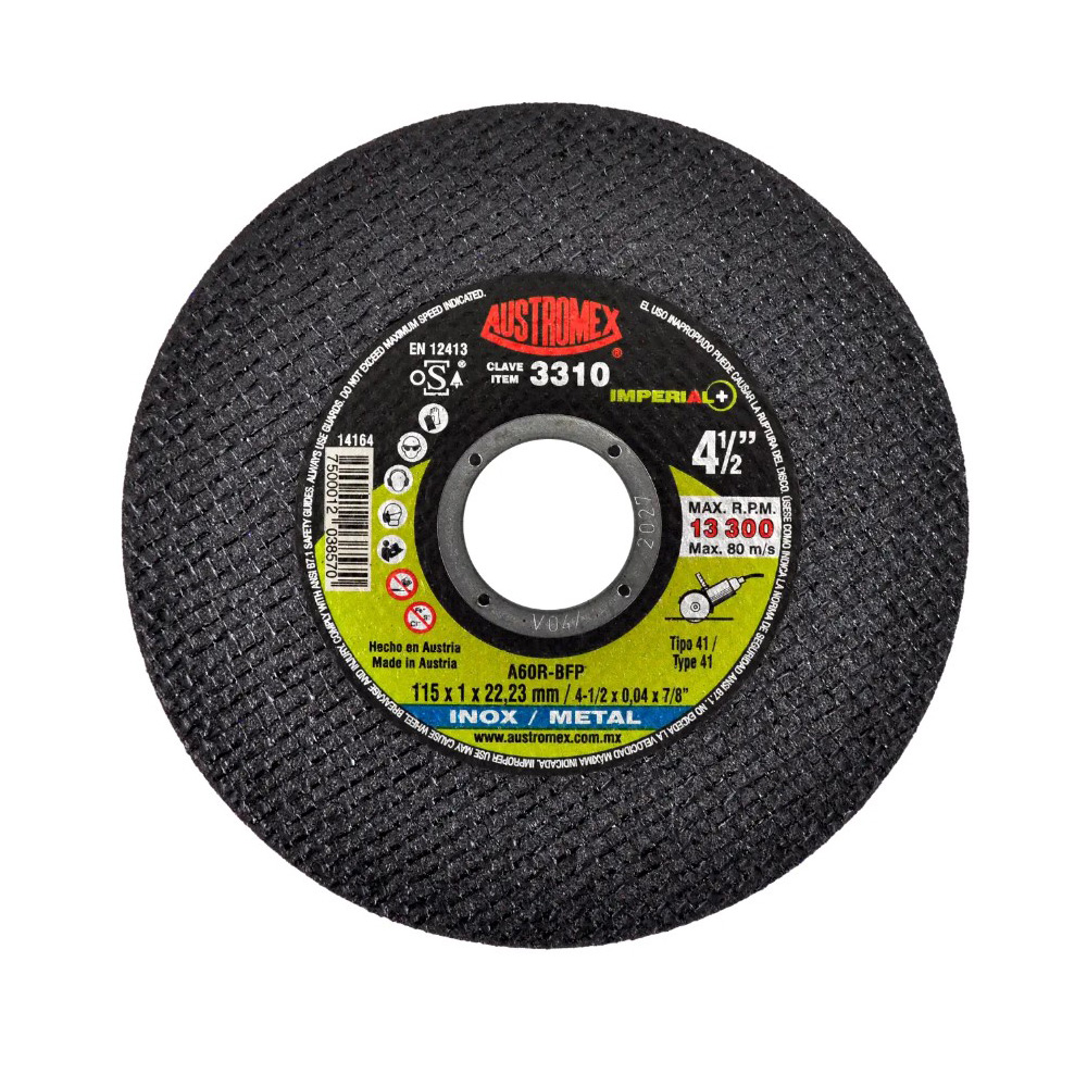 DISCO P/CORTE METAL SUPERDELGADO 4 1/2 X 1 MM X 7/8 AC. INOX. INDUSTRIAL CALIDAD IMPERIAL DISCO PLANO