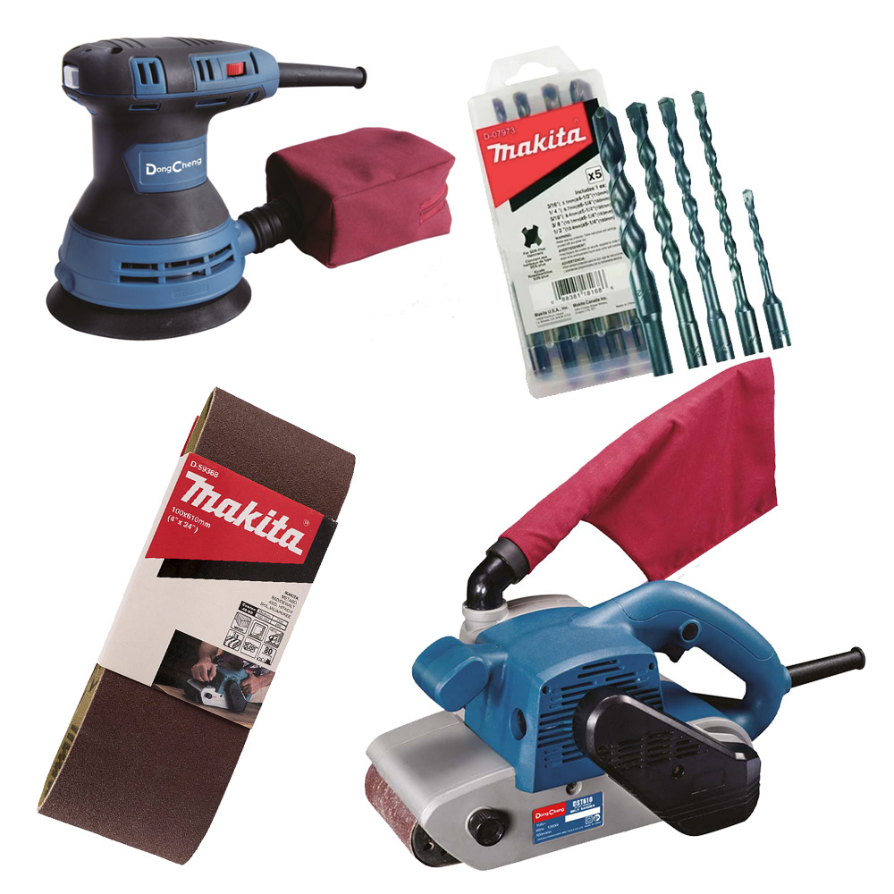 [DCH-DSA125+C03] COMBO DUO LIJADORA ROTO-ORBITAL 5 300W+LIJADORA DE BANDA 4X24 1200W+JGO 5 BROCAS+PAQ LIJAS DE BANDA 4X24 G80