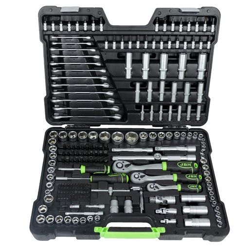 [JBM-54034] JUEGO DE MECANICO HEXAGONAL DE 216 PZAS DE 1/2 3/8 Y 1/4 C/12 LLAVES COMBINADAS MM Y PUNTAS DIVERSAS Y DADOS VARIOS CROMADO C/ESTUCHE
