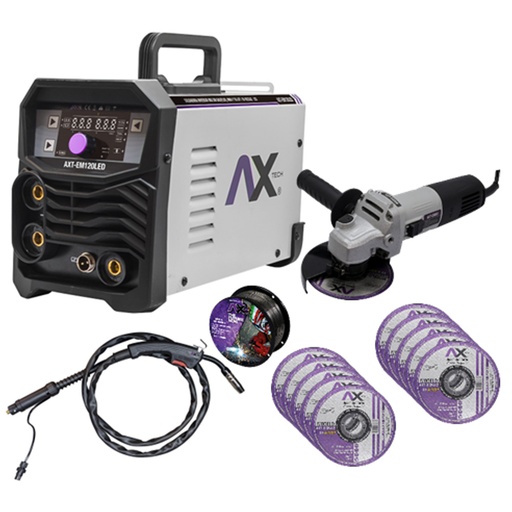 [AXT-EM120LED-C1] COMBO SOLD. INV. MICROALAMBRE 1 Kg/ELECT/TIG LIFT 120 AMP, BIVOLTAJE+MINIESMERILADORA+10 DISCOS+ROLLO DE 1 KG